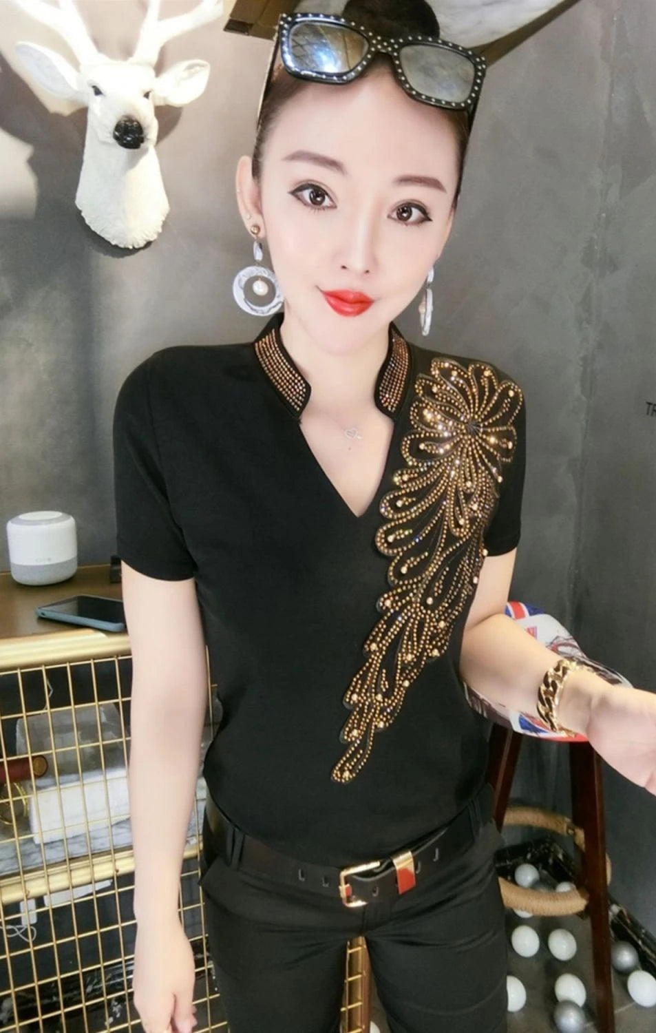 Sequin Women Tops Sleeve Polo Shirt Rhinestone Pulovers Vintage Glitter Luxury Women's Blouses Promotion Free Delivery Neck Cute