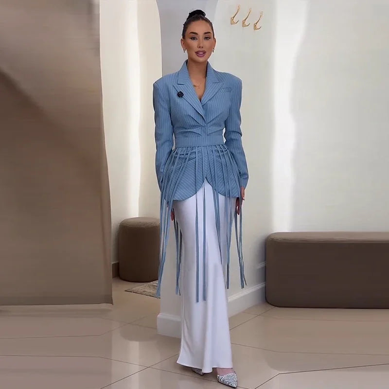 Striped Full Sleeve Blazer With Detachable Tassel Lapel for Women
