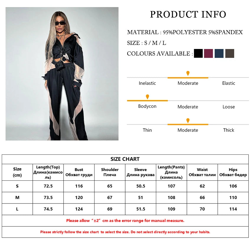 Oymimi Fashion Black Satin Patchwork 2 Piece Set Women Outfit Streetwear Long Sleeve Shirt With High Waist Pant Sets Y2k Clothes