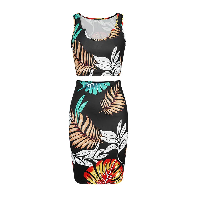 Print Slim Sleeveless Cropped Top Midi Two-Piece Set for Women