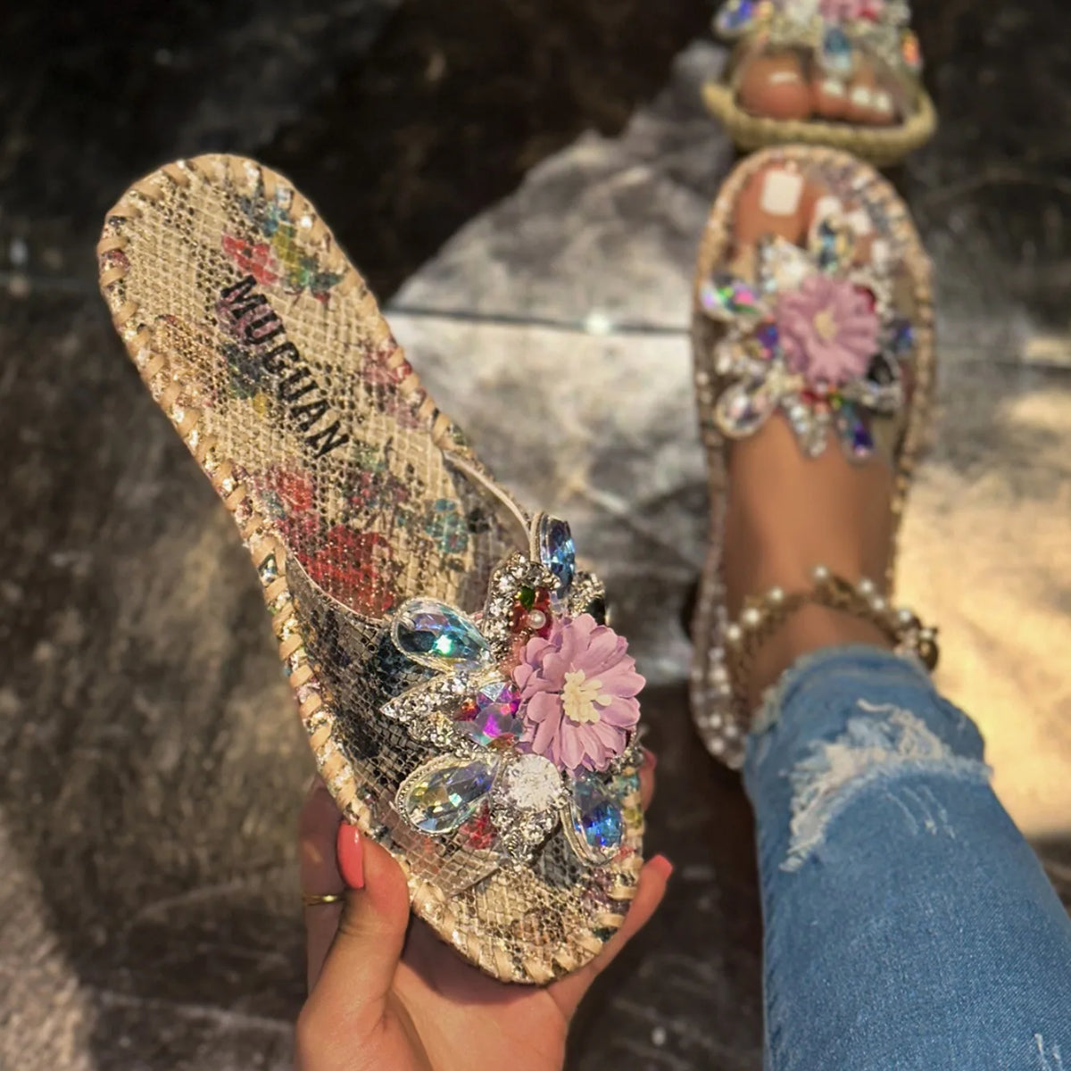 Crystal Flower Platform Outdoor Slippers for Women