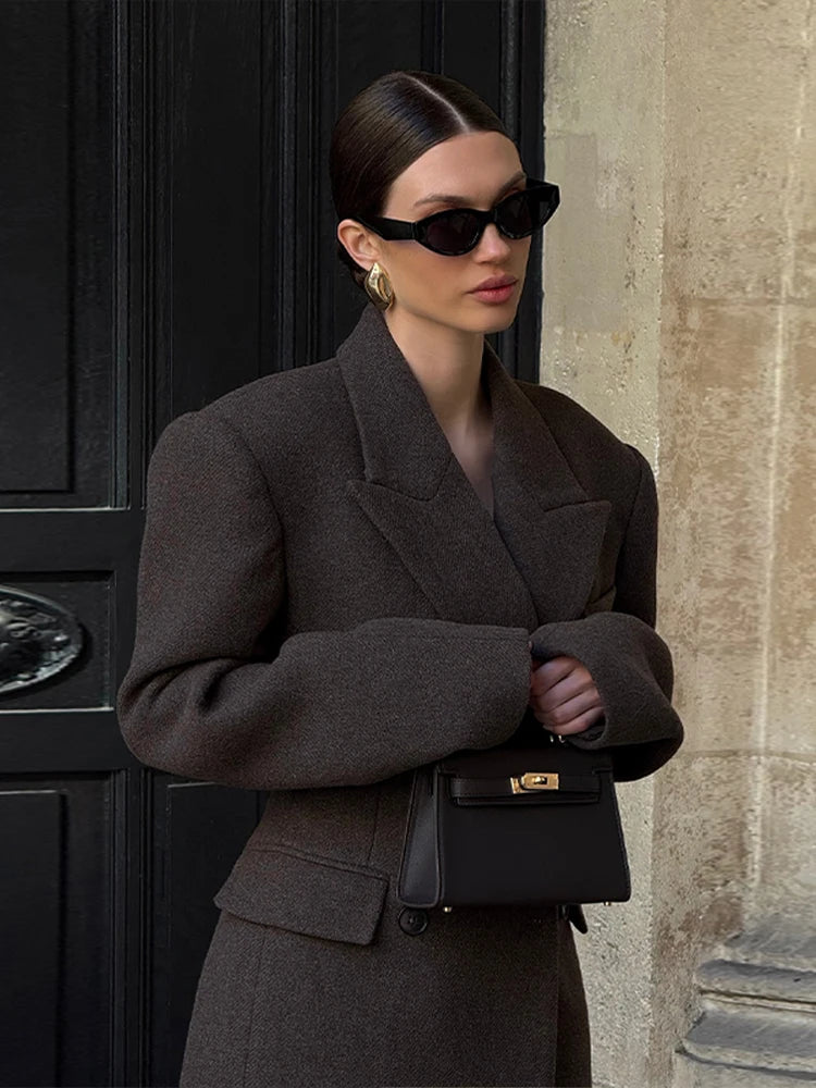 Elegant Woolen Slim Lapel Double Breasted Shoulder Padded Coat for Women