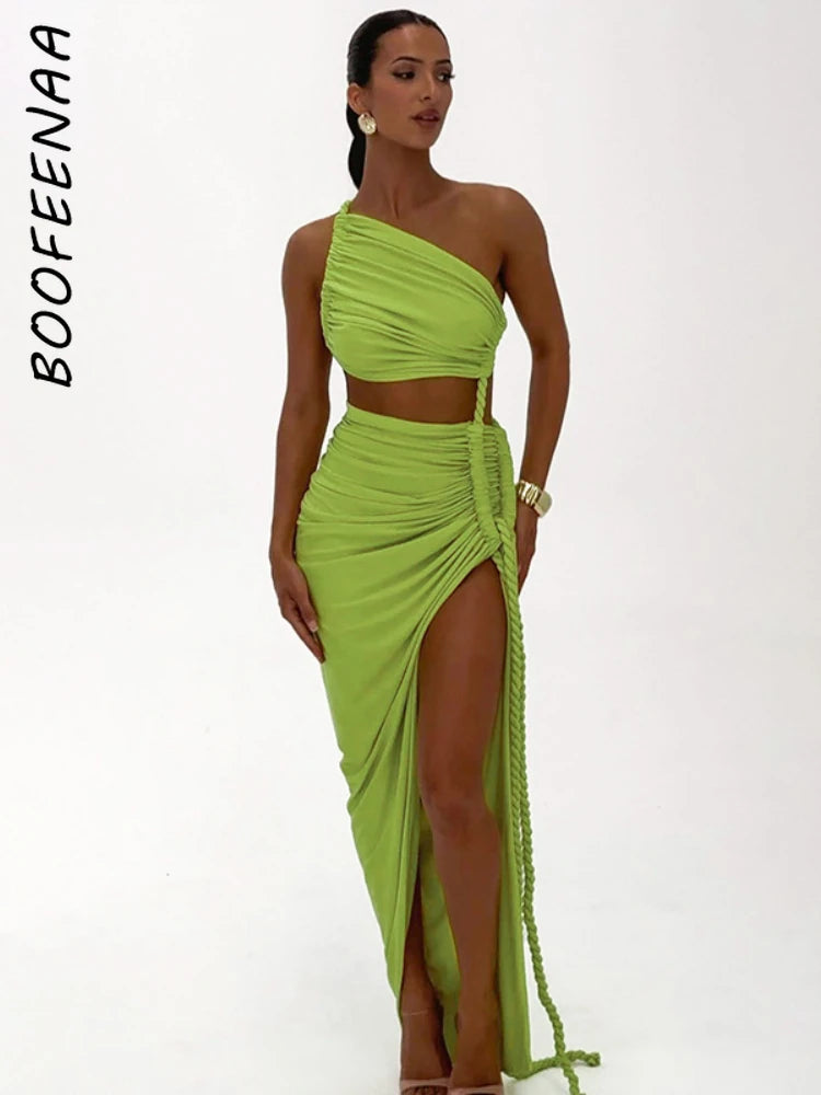 BOOFEENAA Asymmetrical Ruched Backless High Split Long Dresses 2025 Woman Summer Dress Elegant Sexy Vacation Outfits C70-FD75