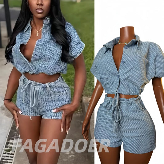 Embroidered Polo Neck Denim Set