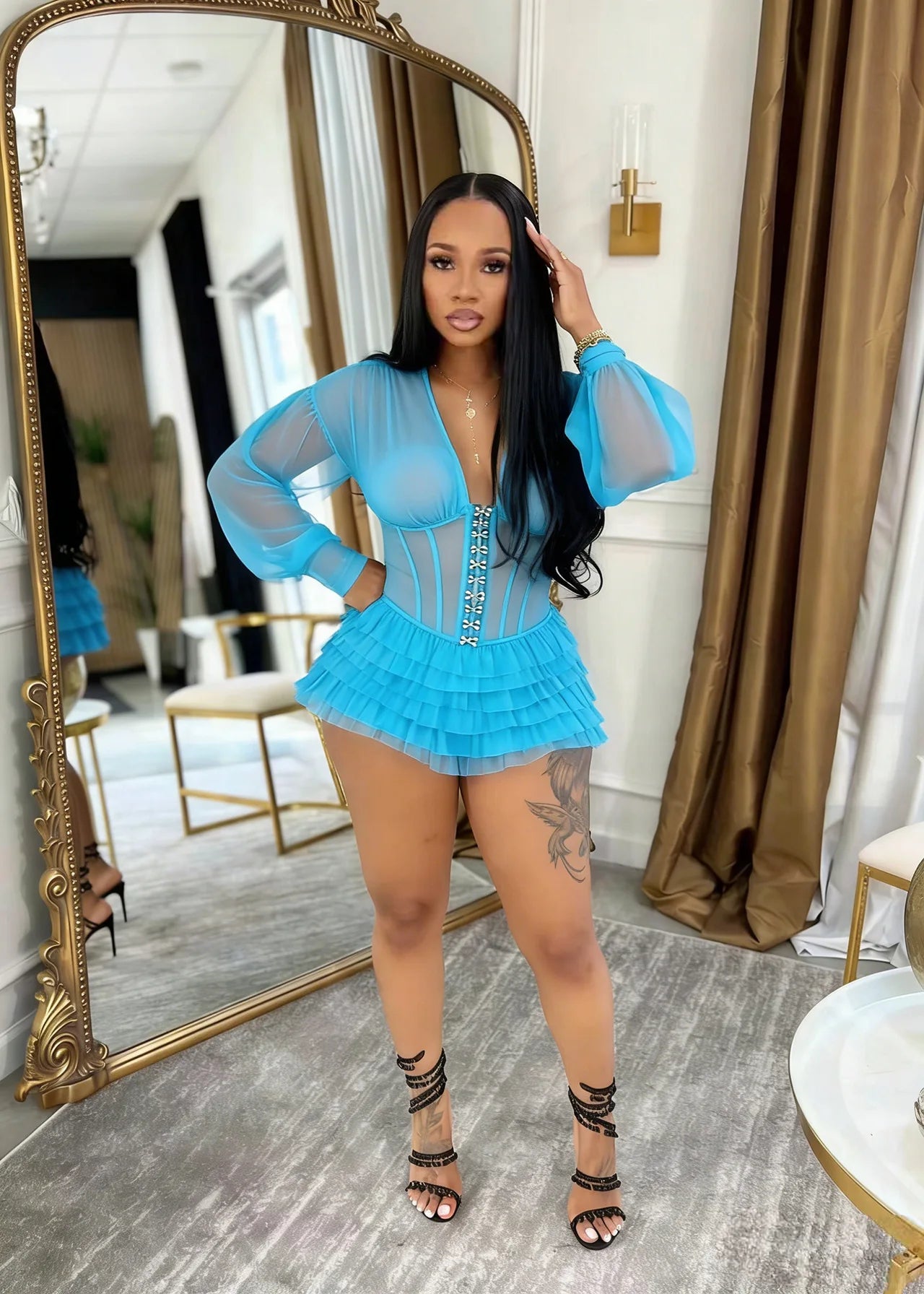 Mesh Ruched Patchwork See Through Long Sleeve Bodycon Rompers for Women