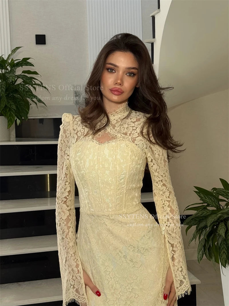 Elegant Yellow Mermaid Lace Evening Dress for Women