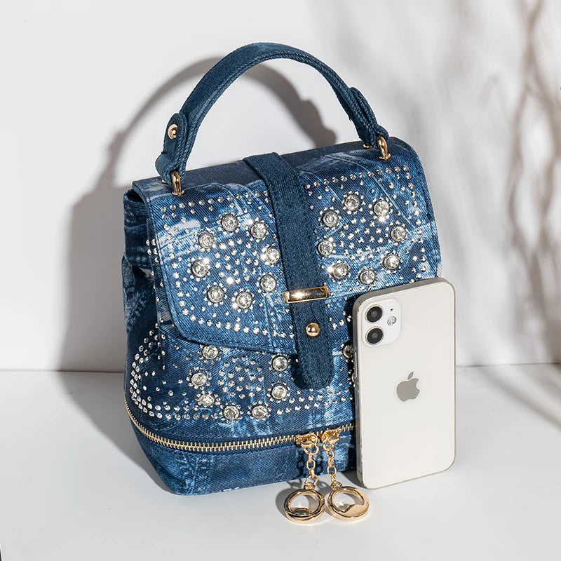 Diamond Embellished Denim Multiway Backpack for Women