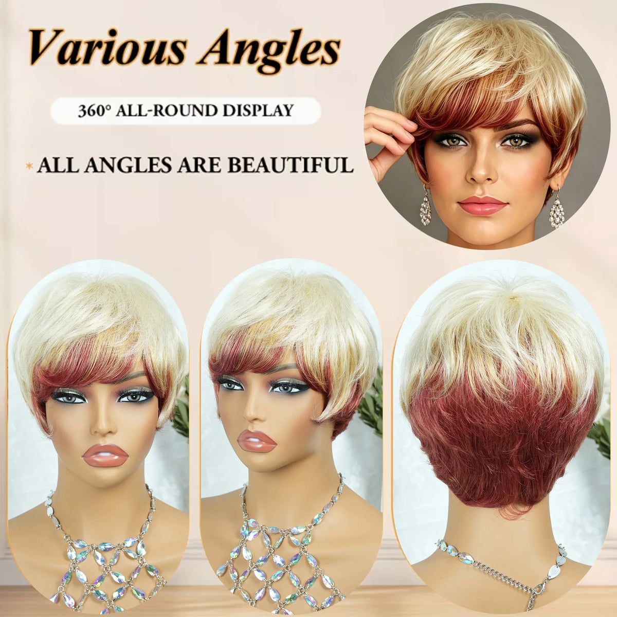 Ombre Blonde Burgundy Layered Human Hair Wig With Bangs for Women
