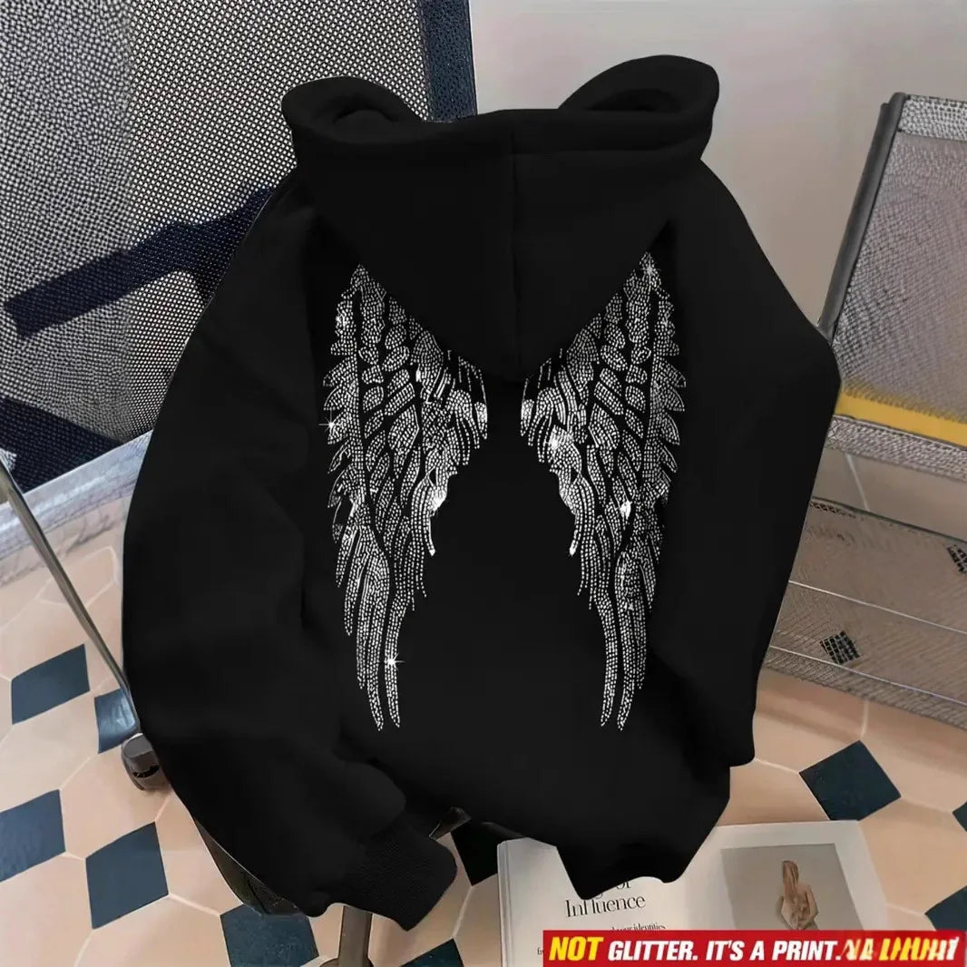 Wing Print Rhinestone Long Sleeve Pullover Hoodie for Women