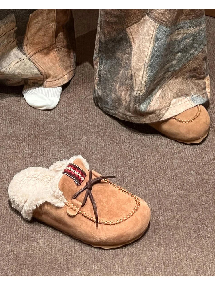 Sheepskin Fluffy Closed Toe Slippers Women Mules Shoes Warm Lace Up Indoor and Outdoor Cotton Shoes Female Winter Fashion