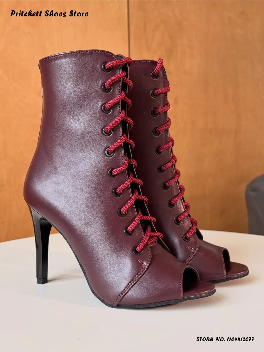 White Lace Up Heeled Open Toe Ankle Boots for Women