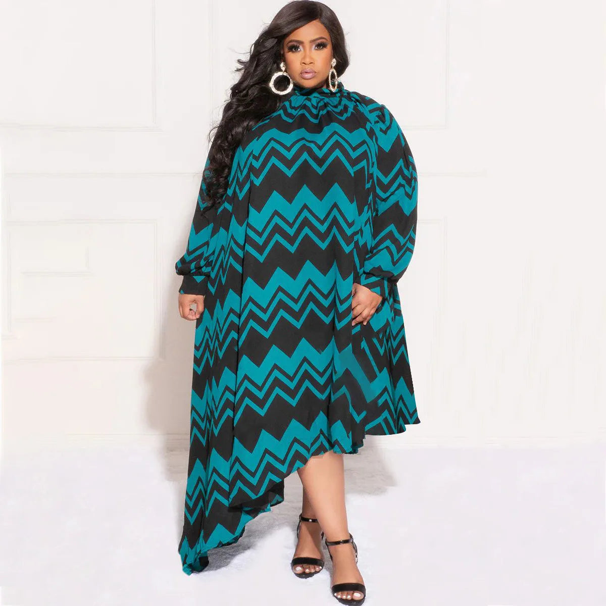 African Print Long Sleeve Asymmetrical Maxi Dress for Women