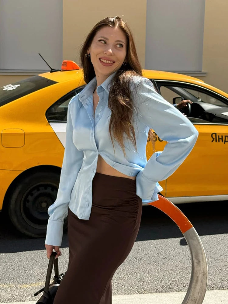 Elegant Satin Long Sleeve Button-Up Shirt for Women