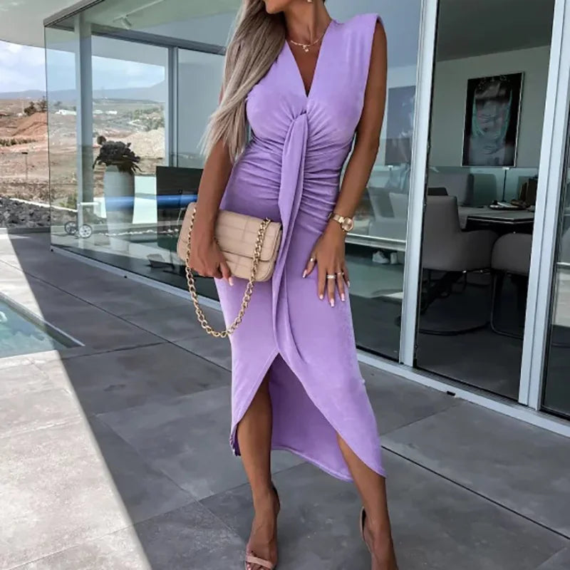 Office Lady Loungewear Deep V-Neck Maxi Dress Women Summer Sleeveless Solid Slim Fit Folds Party Dress Streetwear Dropshipping
