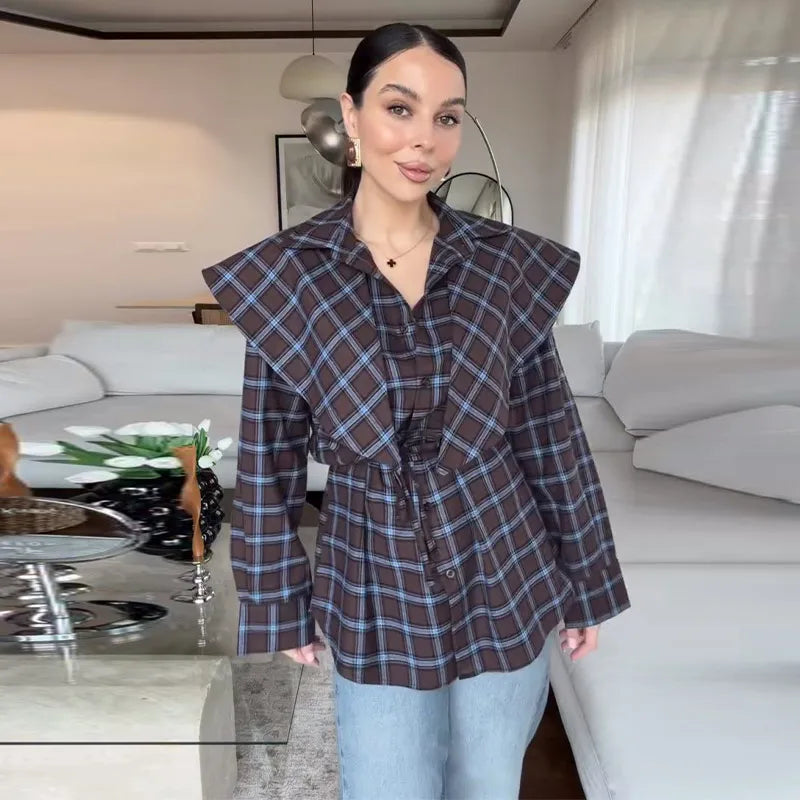Elegant Plaid Patchwork Long Sleeve Shirt for Women