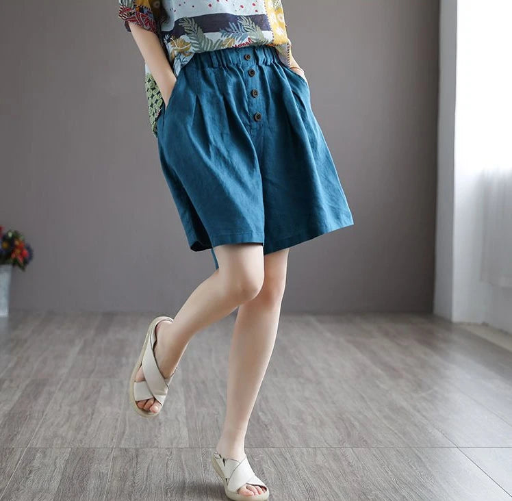 Short Pants Woman Bermuda with Waist Pocket Knee Length Mid Cotton Half Shorts for Women Elastic Linen Trend 2025 Kpop Wholesale