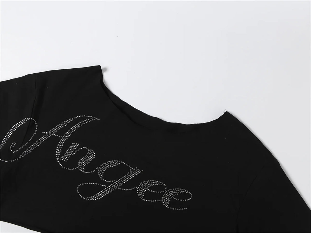 Rhinestone Letter Off Shoulder Cropped Tee for Women