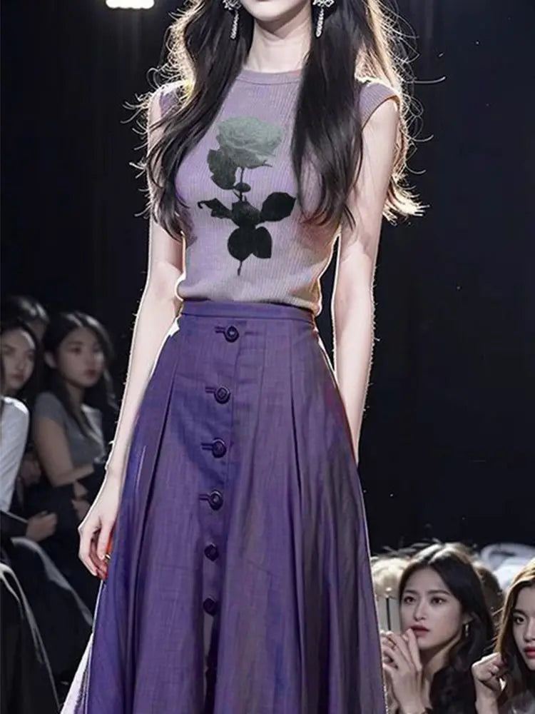 Floral Print Slim T Shirt and High Waist Pleated Skirt Two Piece Set for Women