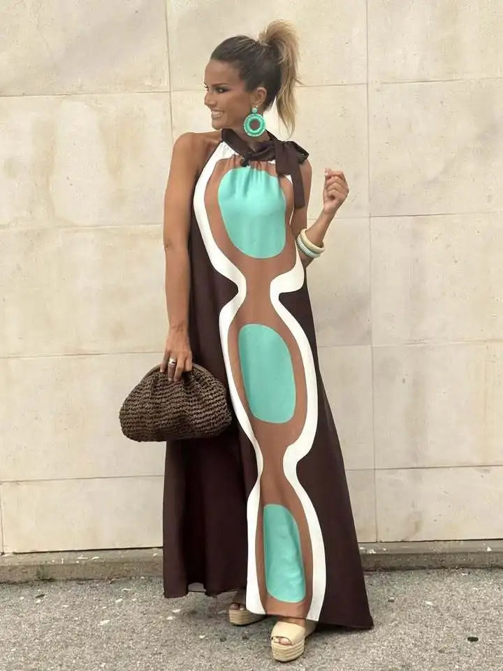 Casual Print Halter Neck Relaxed Fit Maxi Dress for Women