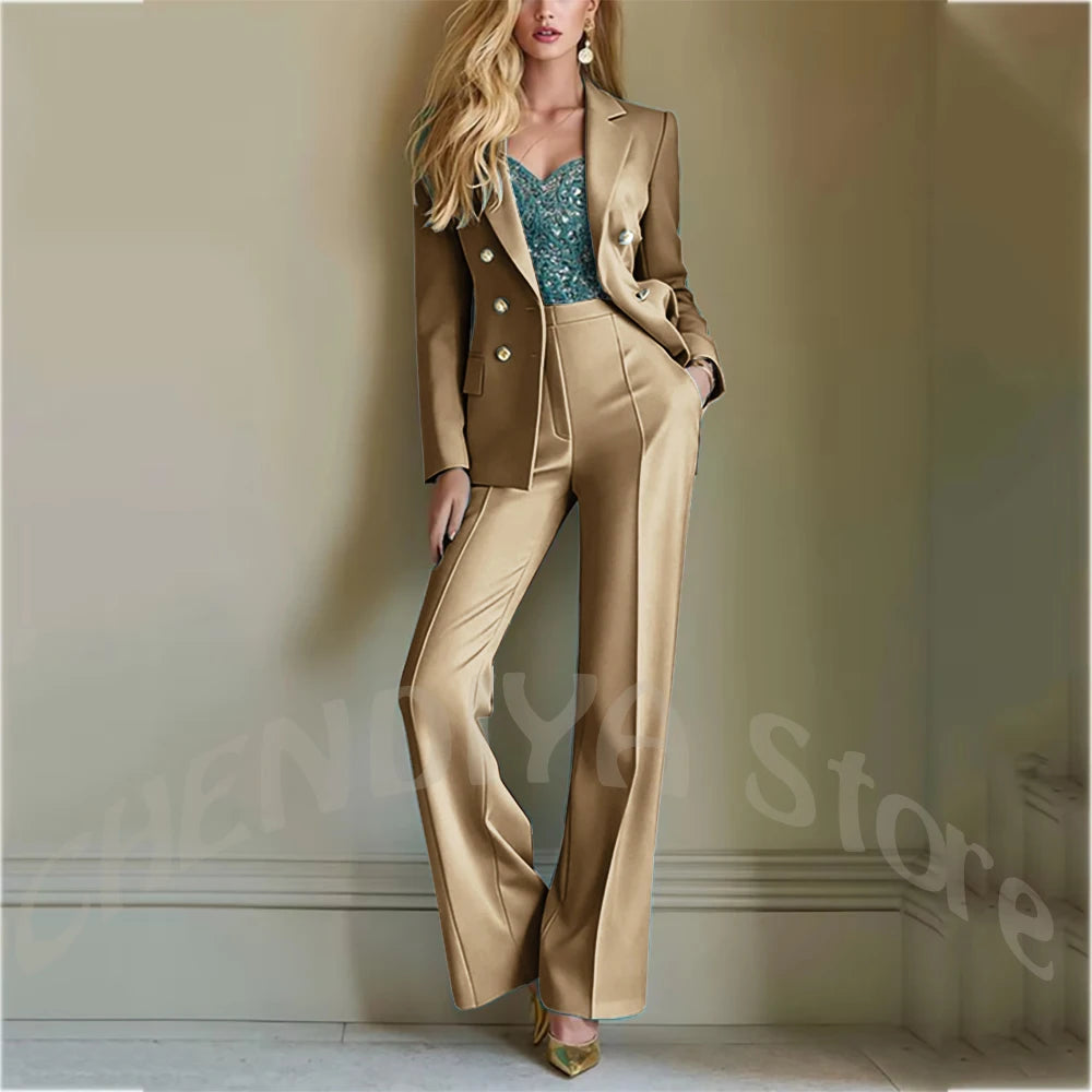 Solid Color Suit For Women High Quality Double Breasted Two Piece Notch Lapel Slim Fit Elegant Fashion Female Outfit Jacket Pant