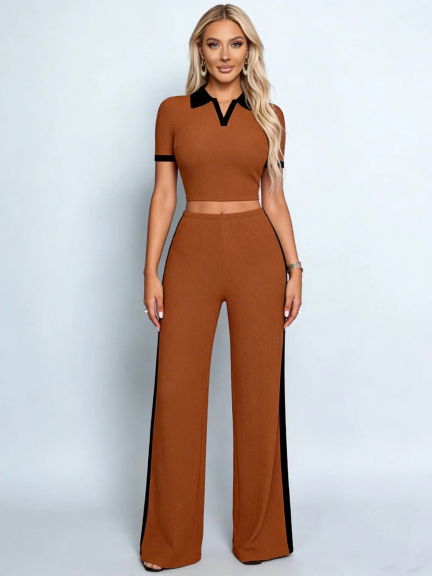 2026 Polo Neck Color Block Knitted Short Top High Waist Wide Leg Pants Set Two-Piece Set Striped Pattern Casual Wear