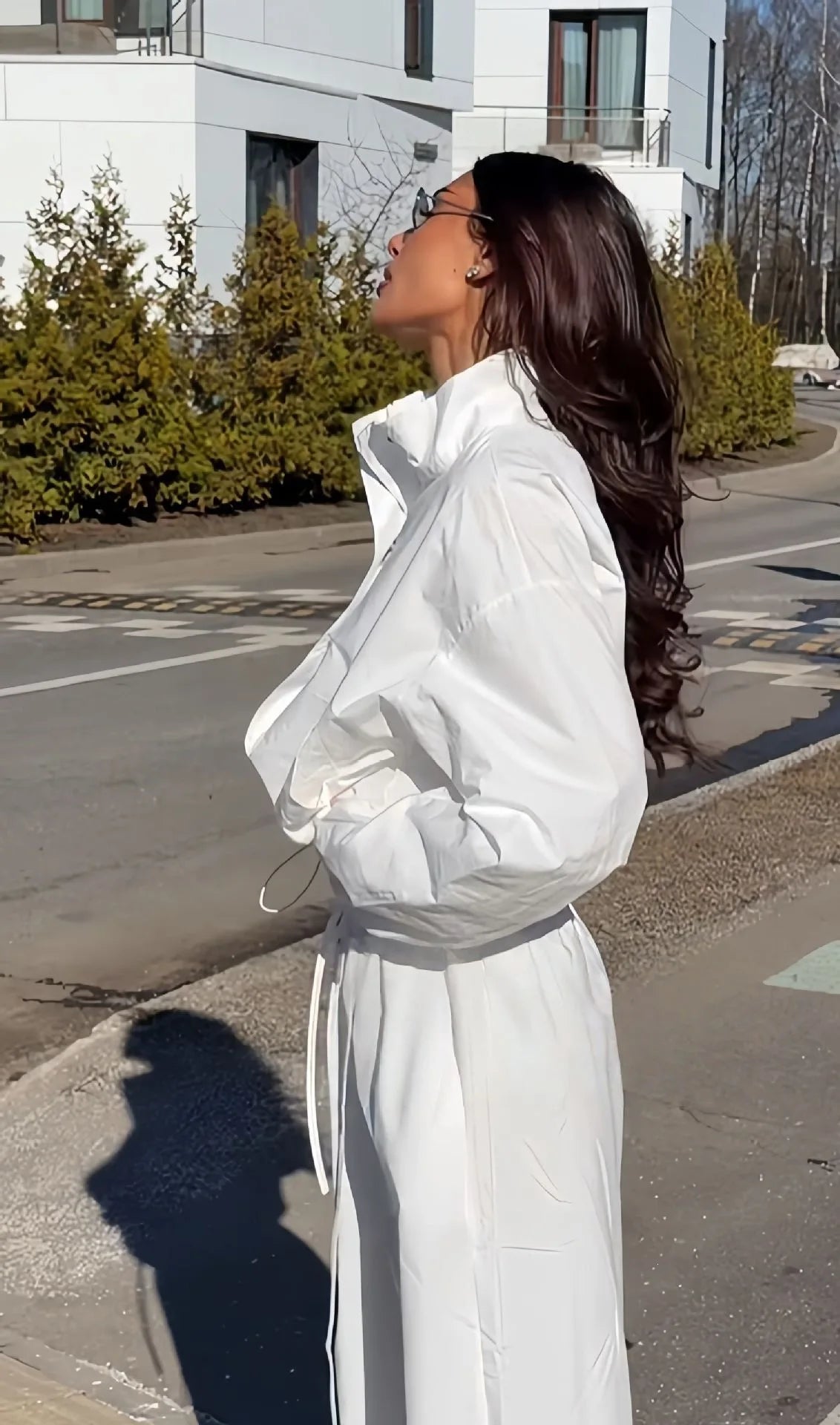 Lace Up Stand Collar Wide Leg Two Piece Set for Women