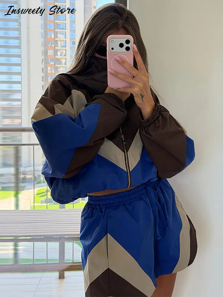 Contrast Color Zip Jacket and Shorts Two Piece Set for Women