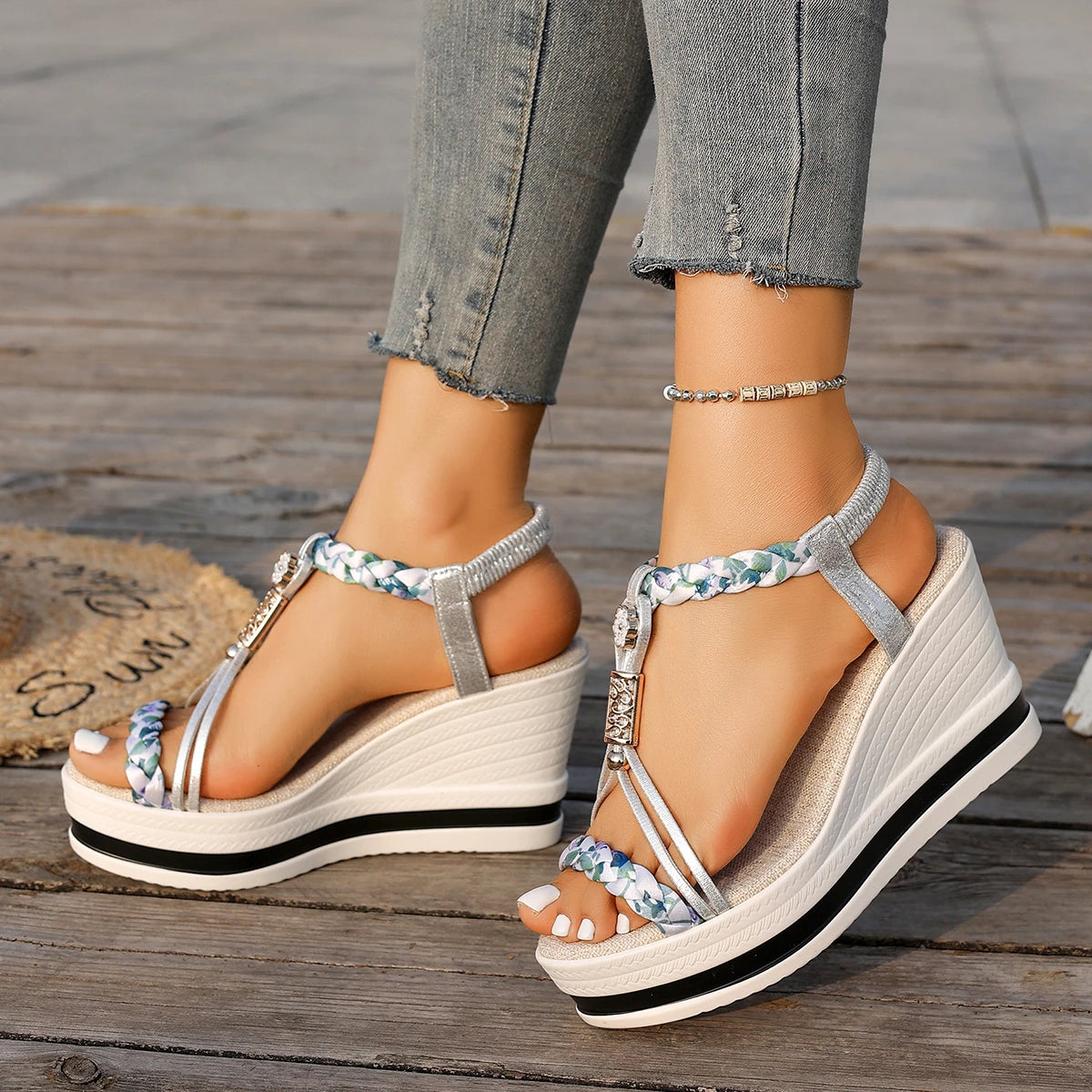 Rhinestone Decorated Woven Wedge Sandals for Women