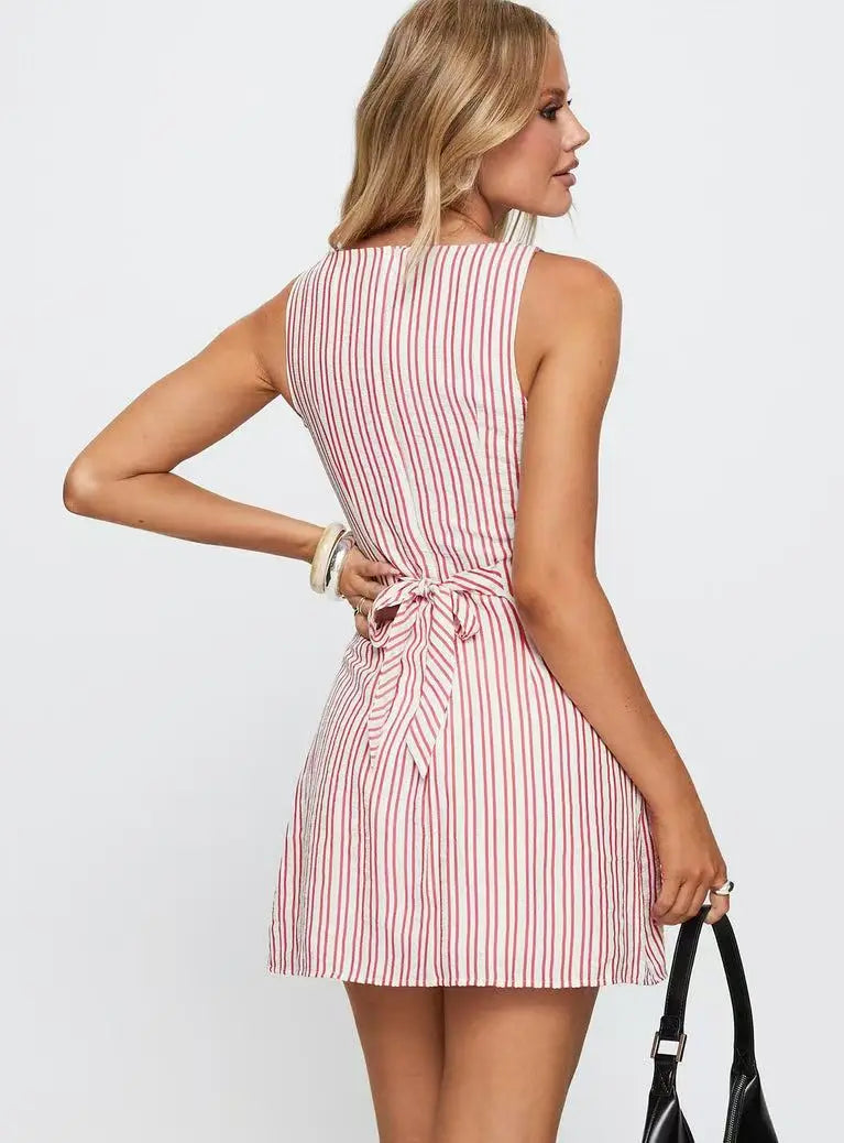 Casual Striped Print Crew Neck Sleeveless Mini Dress for Women