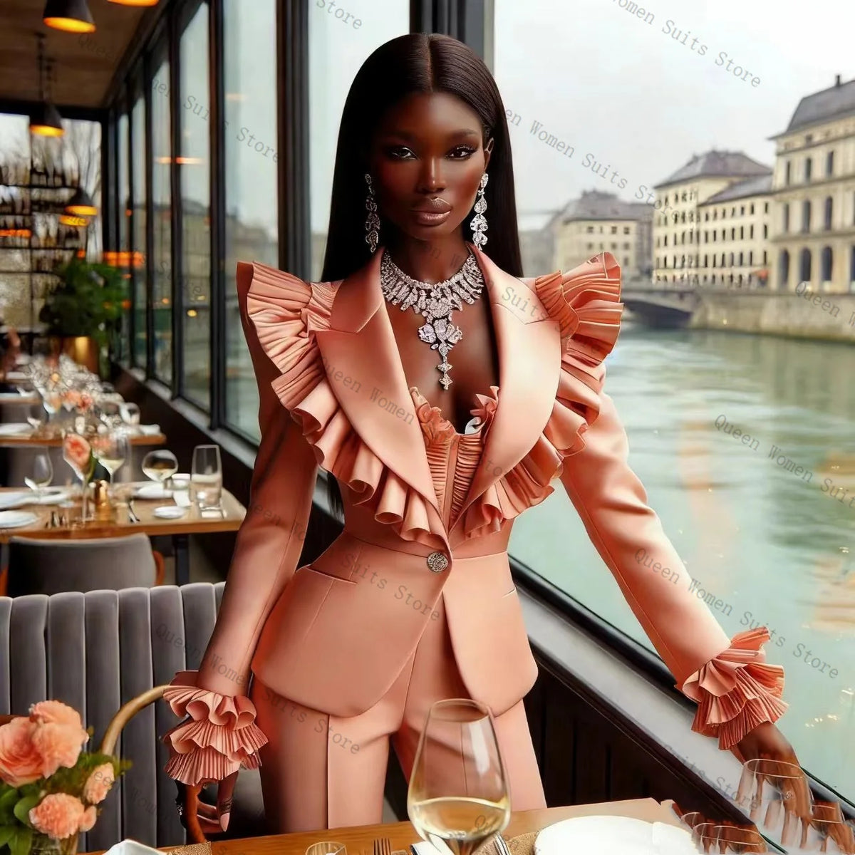 Sophisticated Ruffle Sleeve Two Piece Suit Set for Women