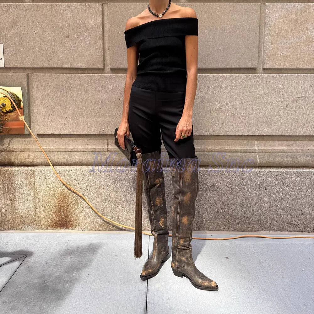 Slip On Pointed Toe Over Knee Chunky Heel Boots for Women