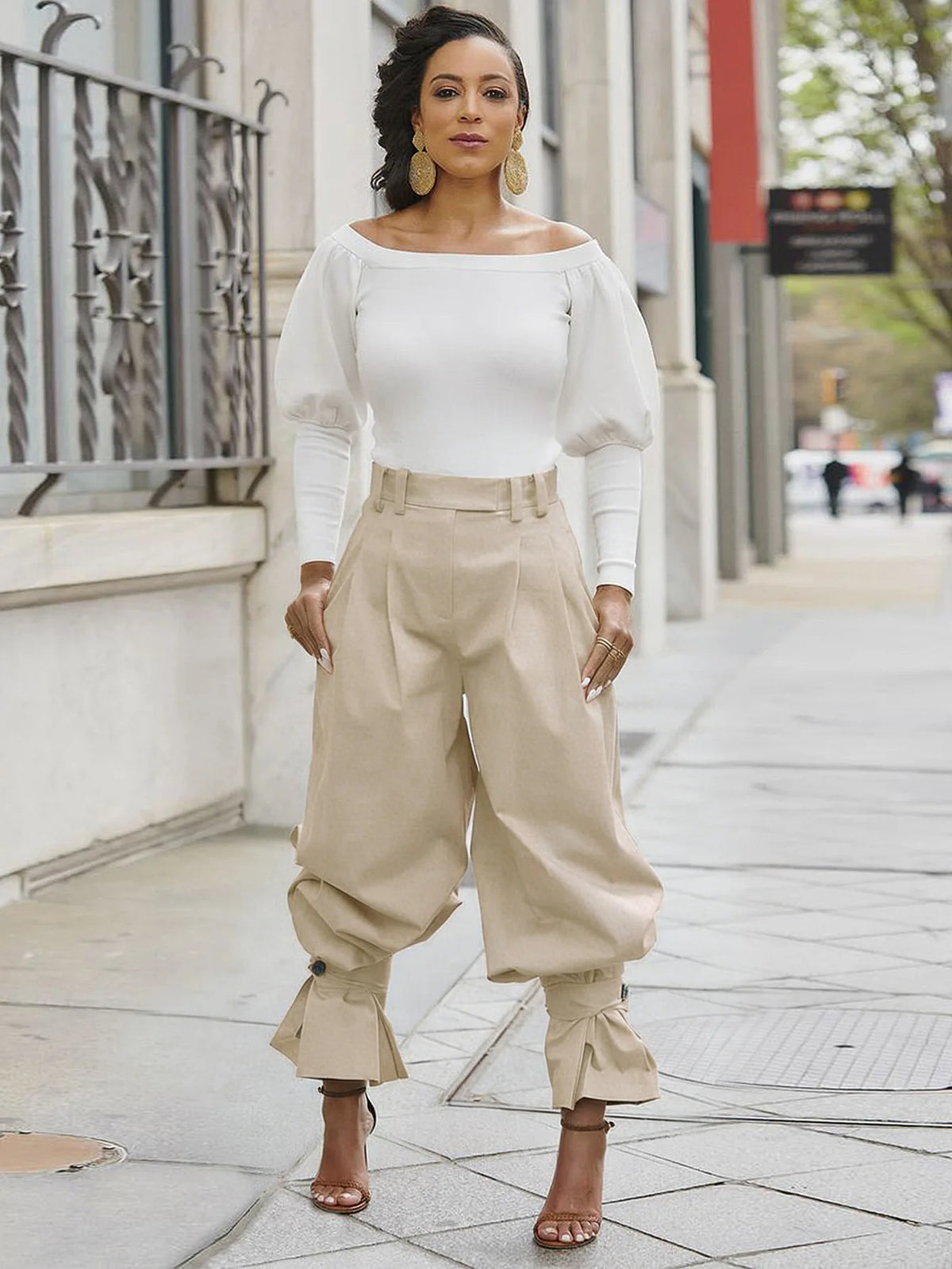 Ruched Stretch Wide Leg Casual Work Trousers for Women