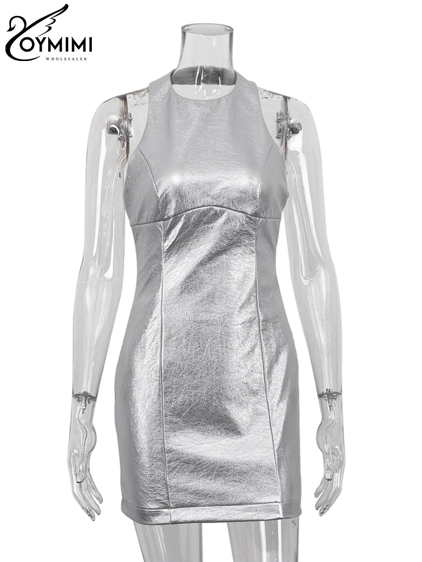 Oymimi Sexy Sliver Bodycon Dress Lady Fashion Slim O-Neck Sleeveless Mini Dress Elegant Classic Party Dresses For Women 2023