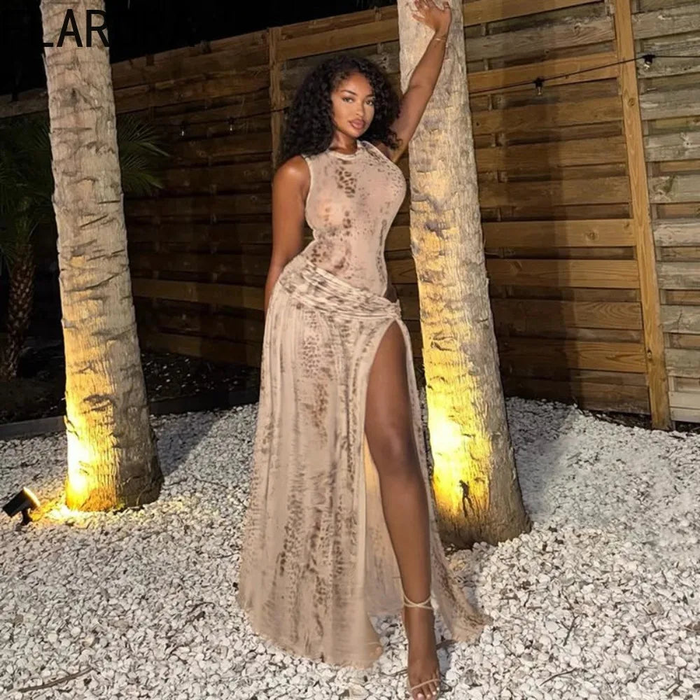 Leopard Print Bodysuit And Split Skirt Set for Women