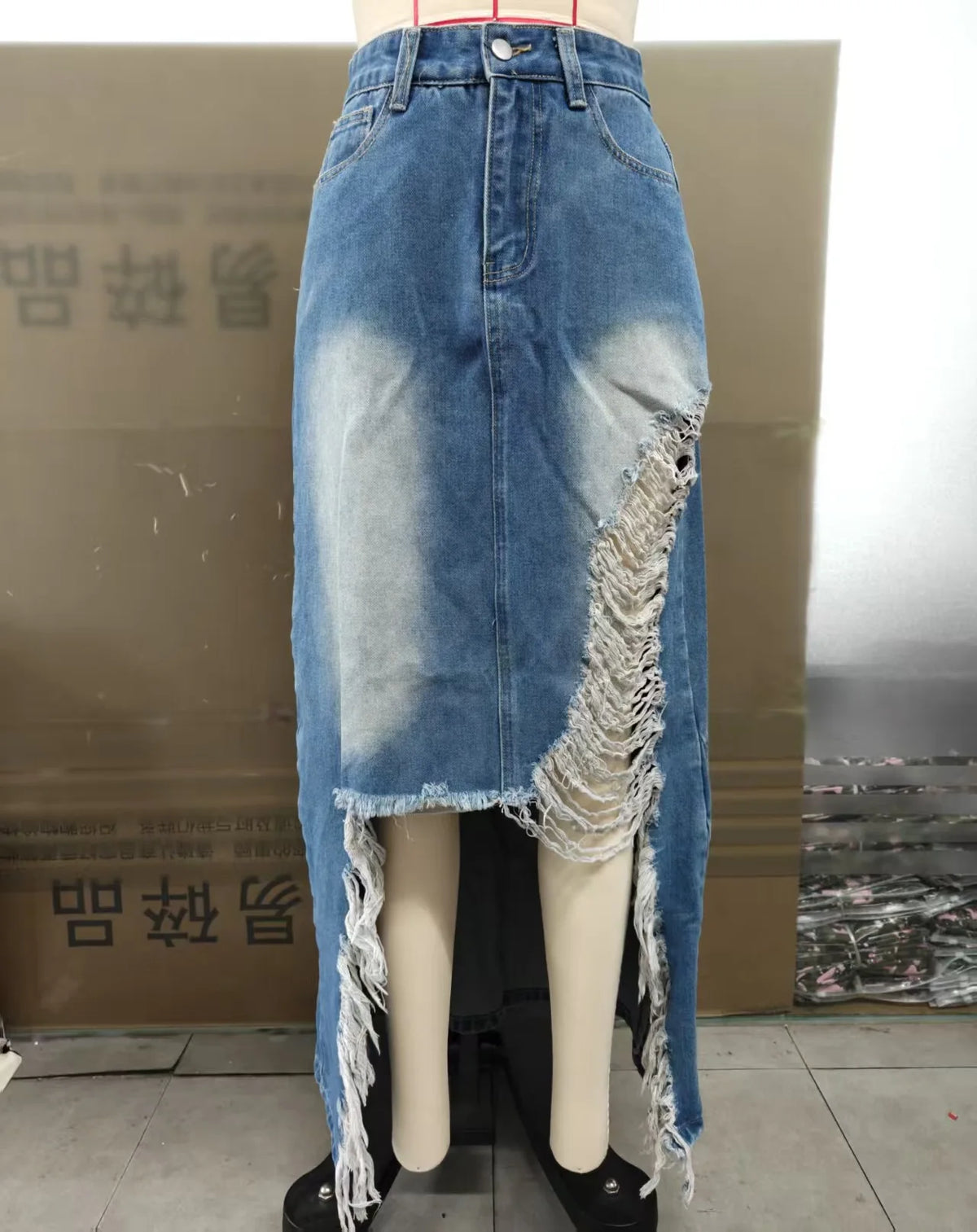 Distressed High Waist Denim Skirt With Irregular Hem For Women