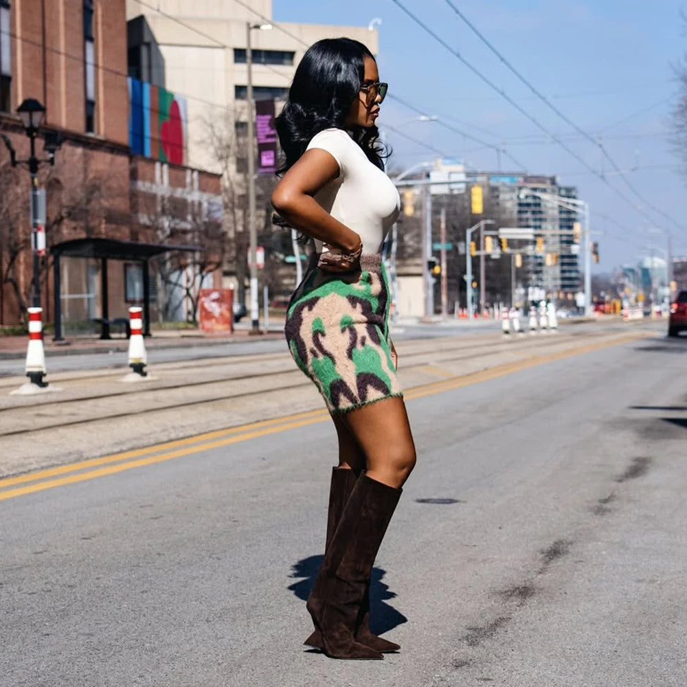 Fuzzy Camo High Waist Drawstring Shorts for Women