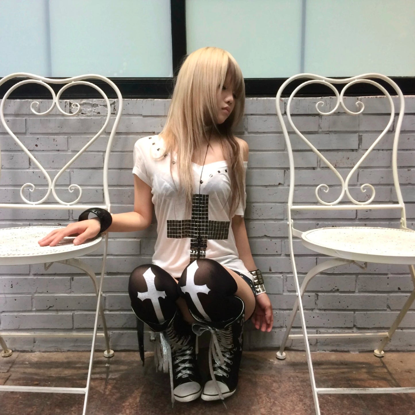 Karrram Japanese Y2k Metal Cross Print T-shirt Vintage Harajuku Short Sleeve Sheer Tops Trashy 2000s V-neck Streetwear Grunge