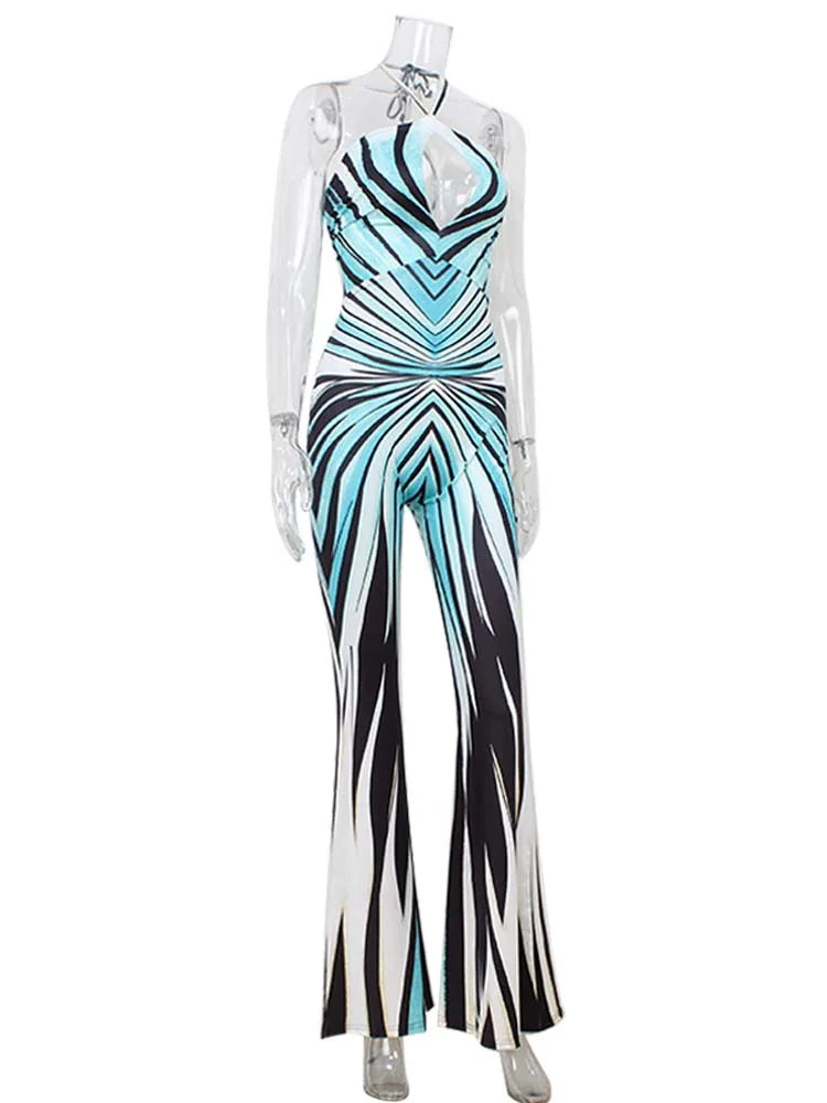 Striped Halter Neck Slim Fit Flare Leg Jumpsuit for Women