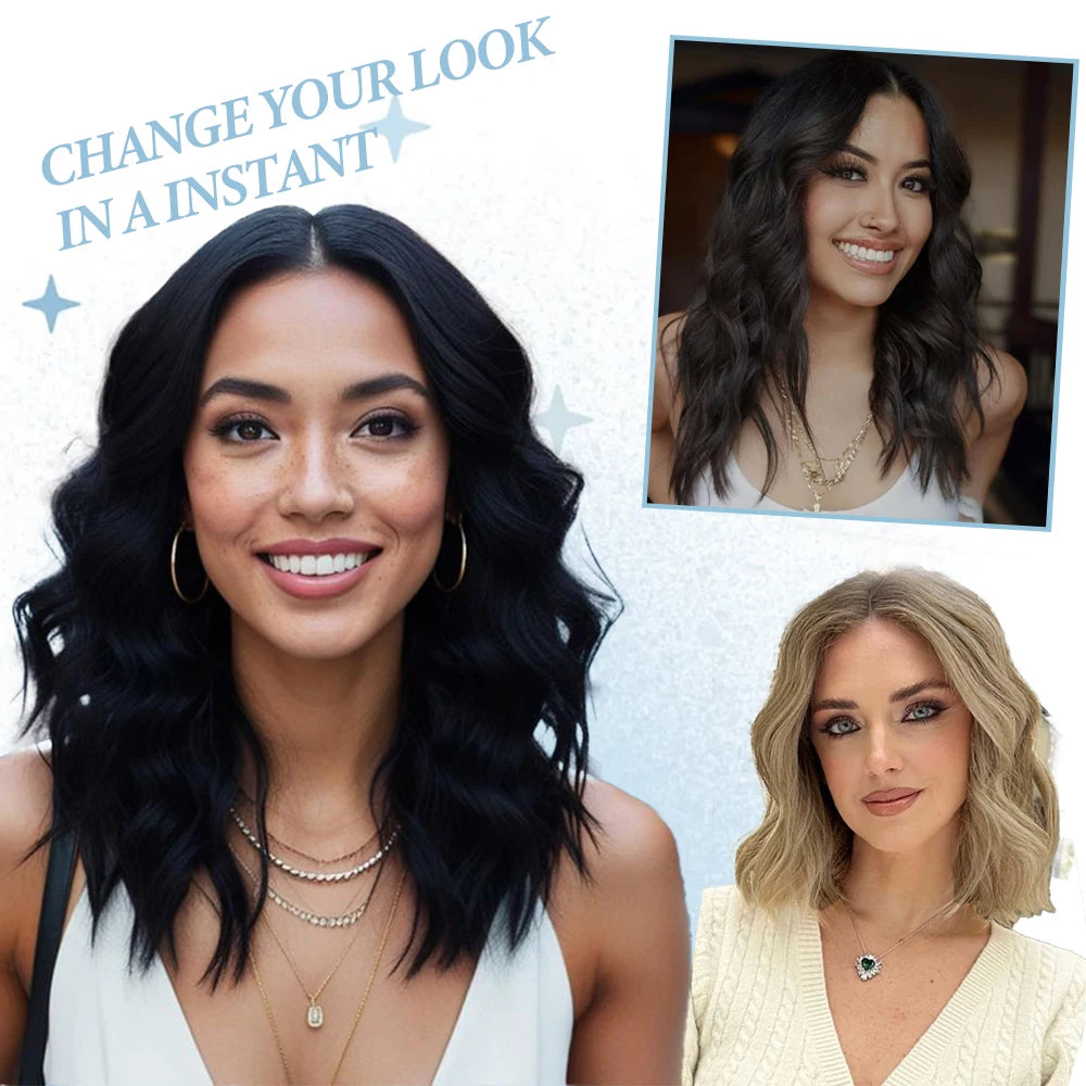 Short Wavy Synthetic Clip In With Bangs Hair Topper for Women