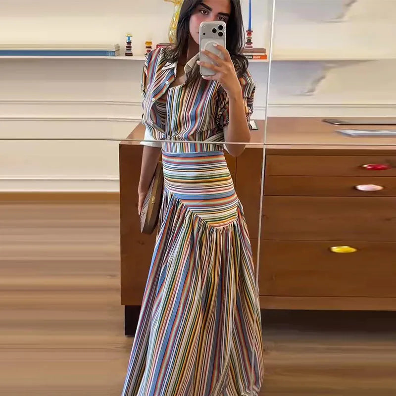 Elegant Multicolor Striped Puff Sleeve Maxi Dress For Women