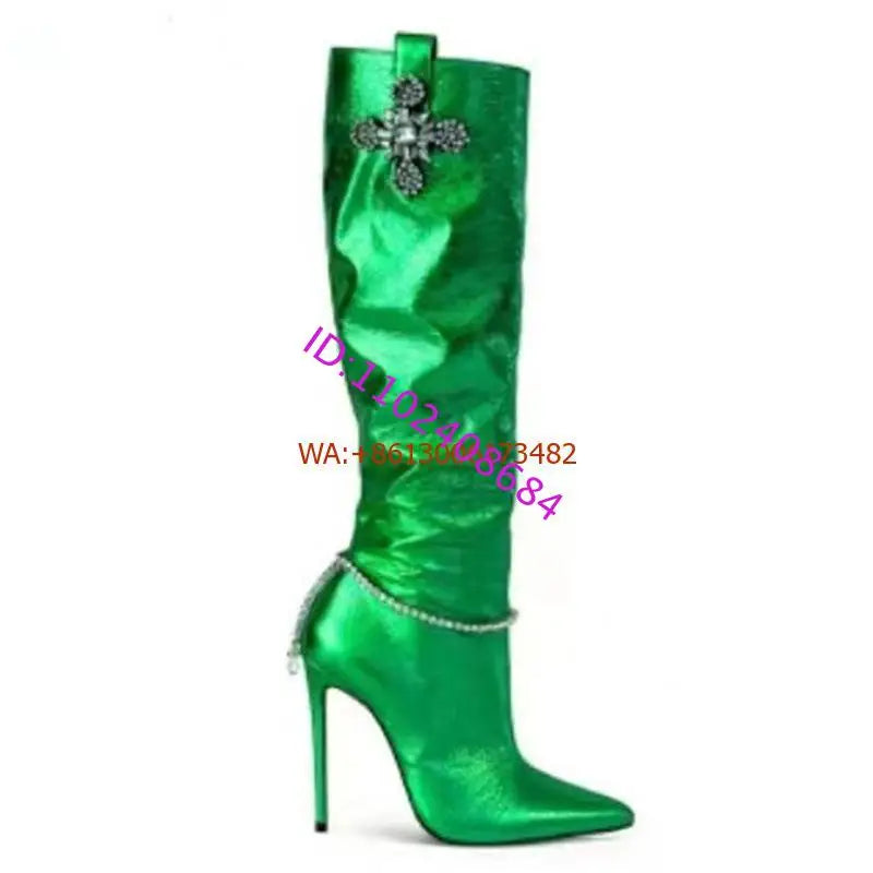Bright Shining Women Deign Pointed Toe High Heel Knee Boots Crystal Beading High Heel Women Pointy Knee High Boots Plus Size