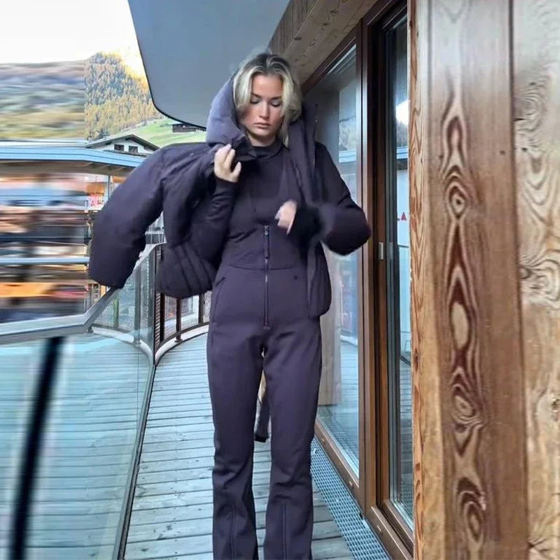 Sleeveless V Neck Ski Jumpsuit With Zippers for Women