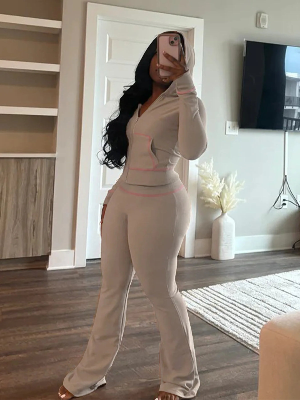 Hooded Long Sleeve Two Piece Matching Pants Set for Women