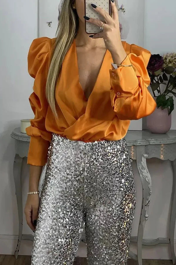 Spring Solid Color Commute Satin Shirt Pullover Fashion V-Neck Puff Long Sleeve Blouses Female Temperament Pleated Ruffled Tops