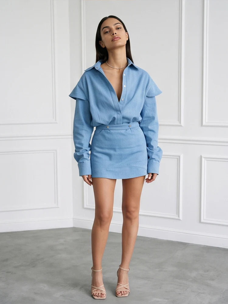 Ruffled Oversized Denim Shirt And Mini Skirt Set for Women