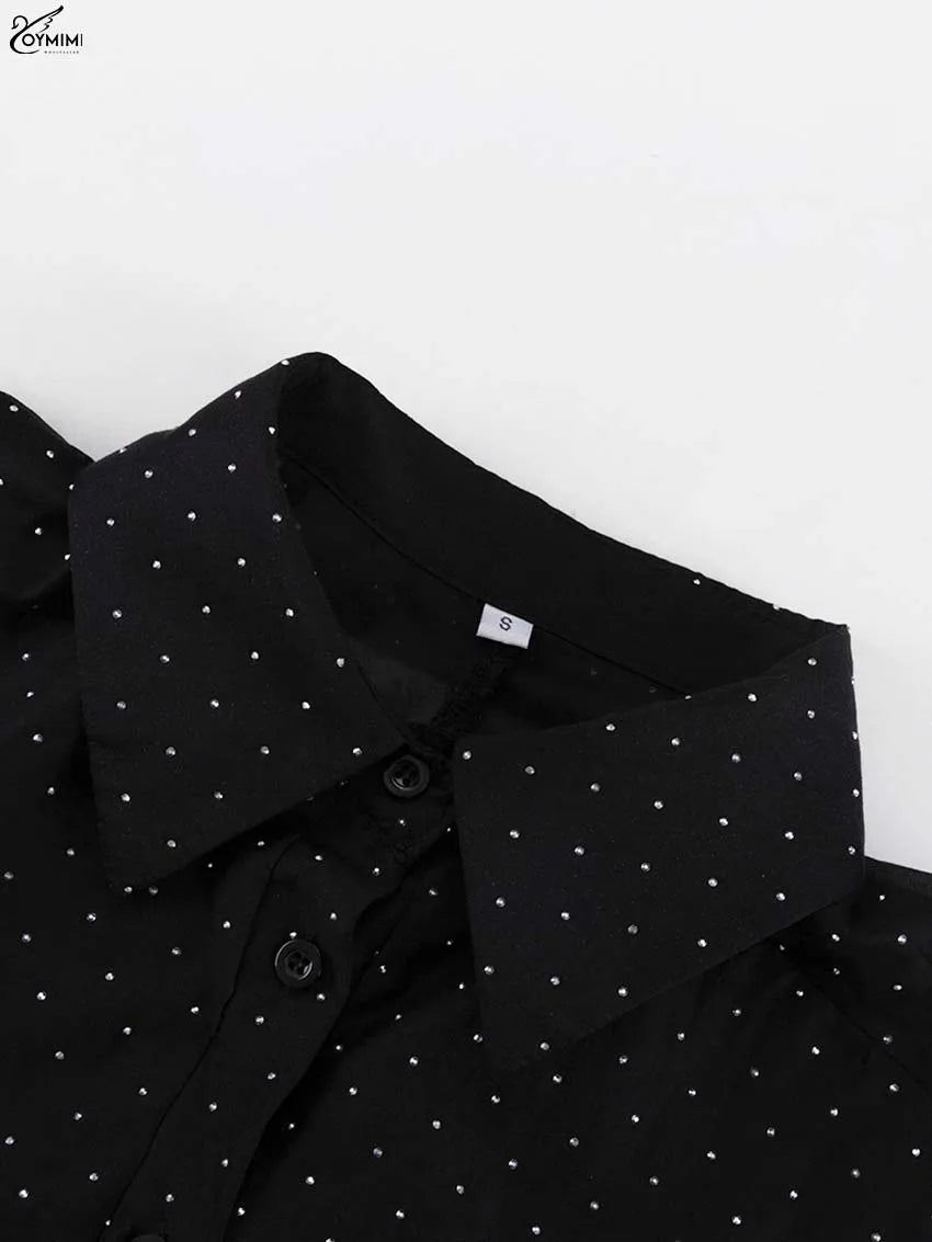 Oymimi Fashion Black Rhinestone Women's Dress Casual Lapel Long Sleeve Button Dresses Elegant New Lace-Up Pleated Mini Dresses