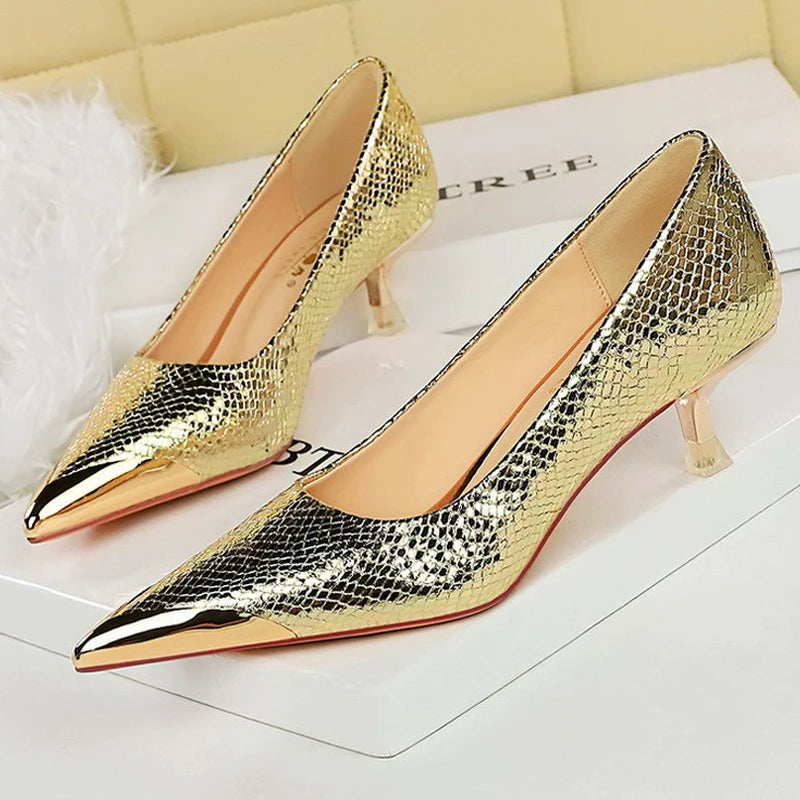 Sequin Snake Pattern Pointed Toe Kitten Heel Pumps for Women