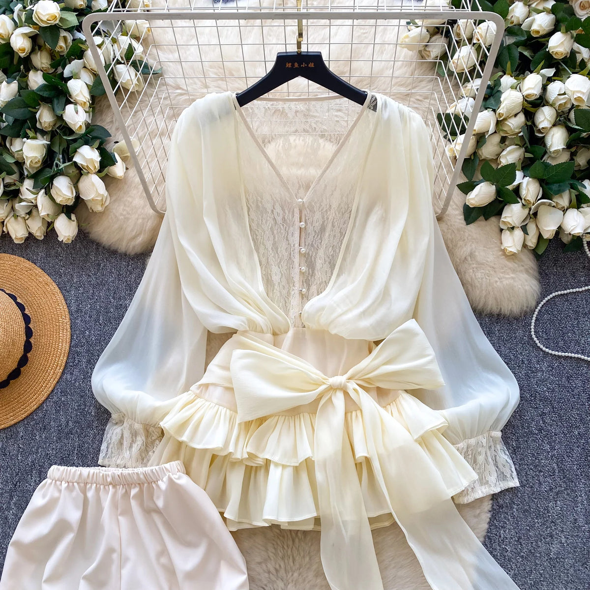 Lace Chiffon Mini Dress With Ruffles and Shorts for Women