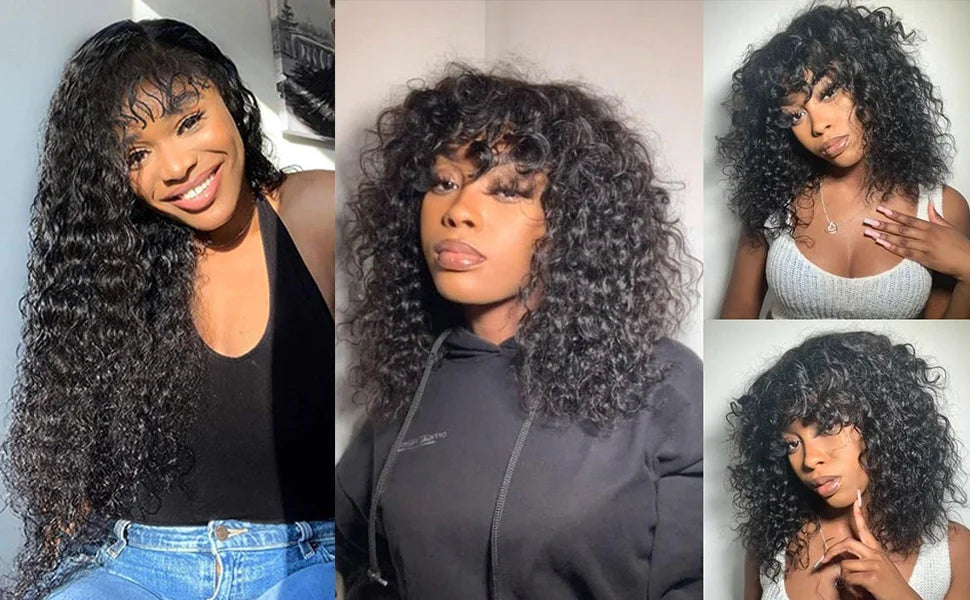 Glueless Water Wave Human Hair Wig With Bangs for Women