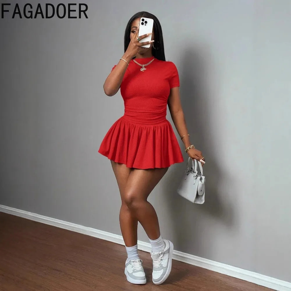 Casual Ribbed Two Piece Set with Crop Top and Pleated Skirt for Women